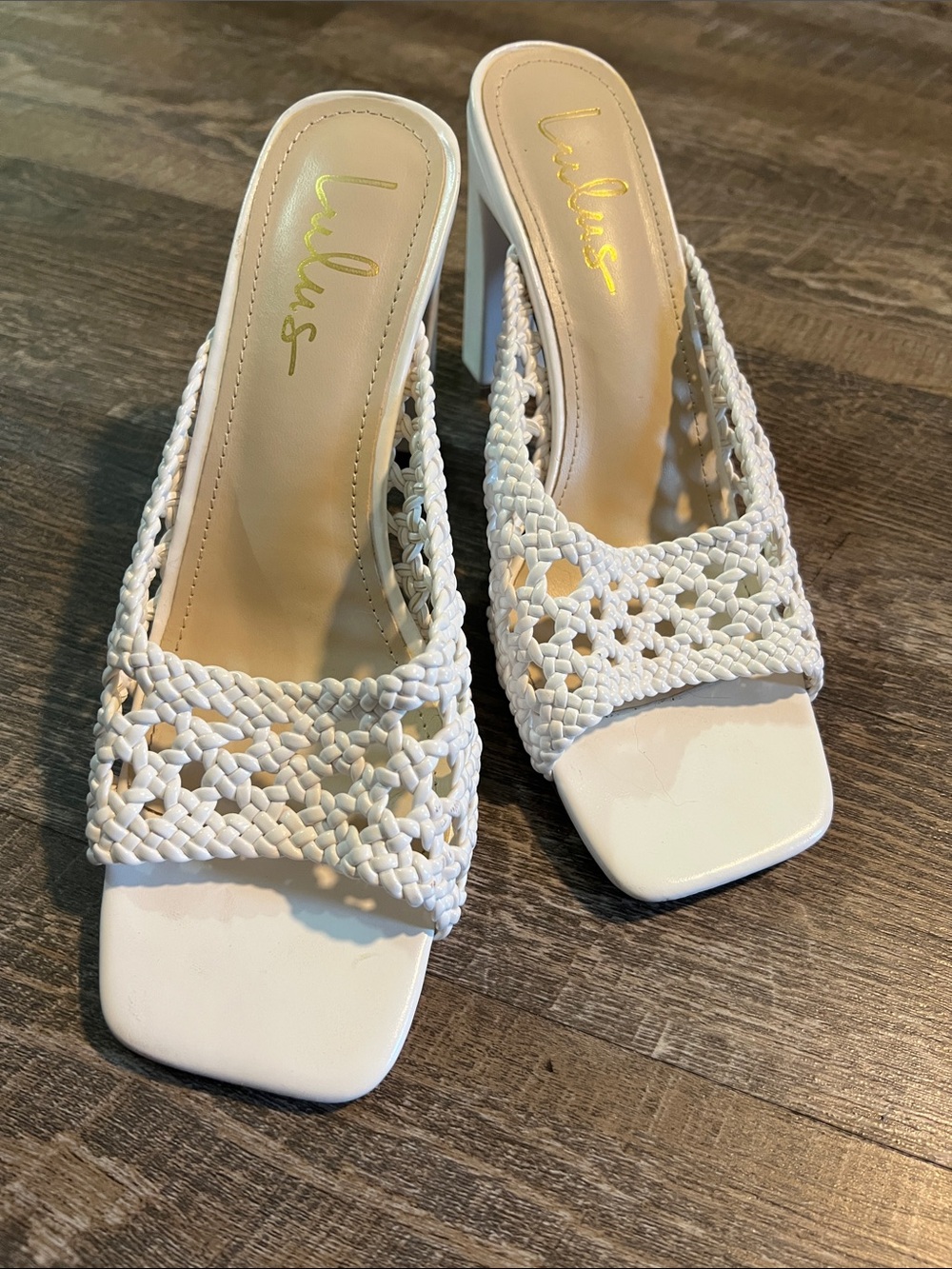Lulu's White Braided Square-Toe Slide Heels